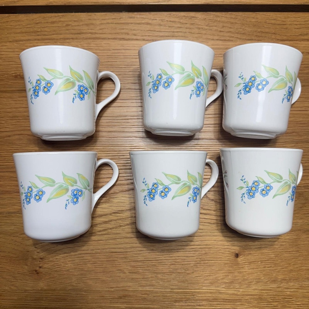 Vintage CorningWare Floral Mugs Set of 6 Blue Forget Me Nots Pink Flowers USA